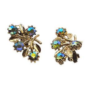 Clip-On Earrings Vintage Leaf AB Blue Rhinestones Retro Style Aurora Borealis